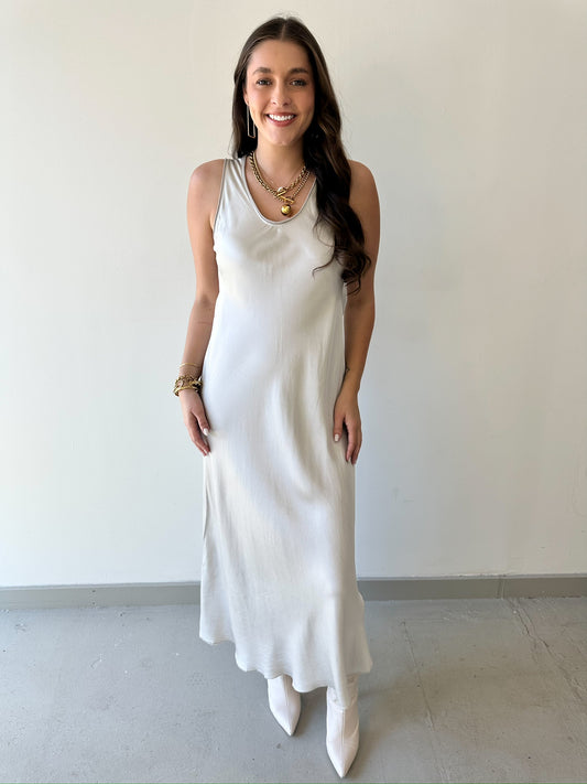 Silk V Neck Cut Maxi Dress - Beige