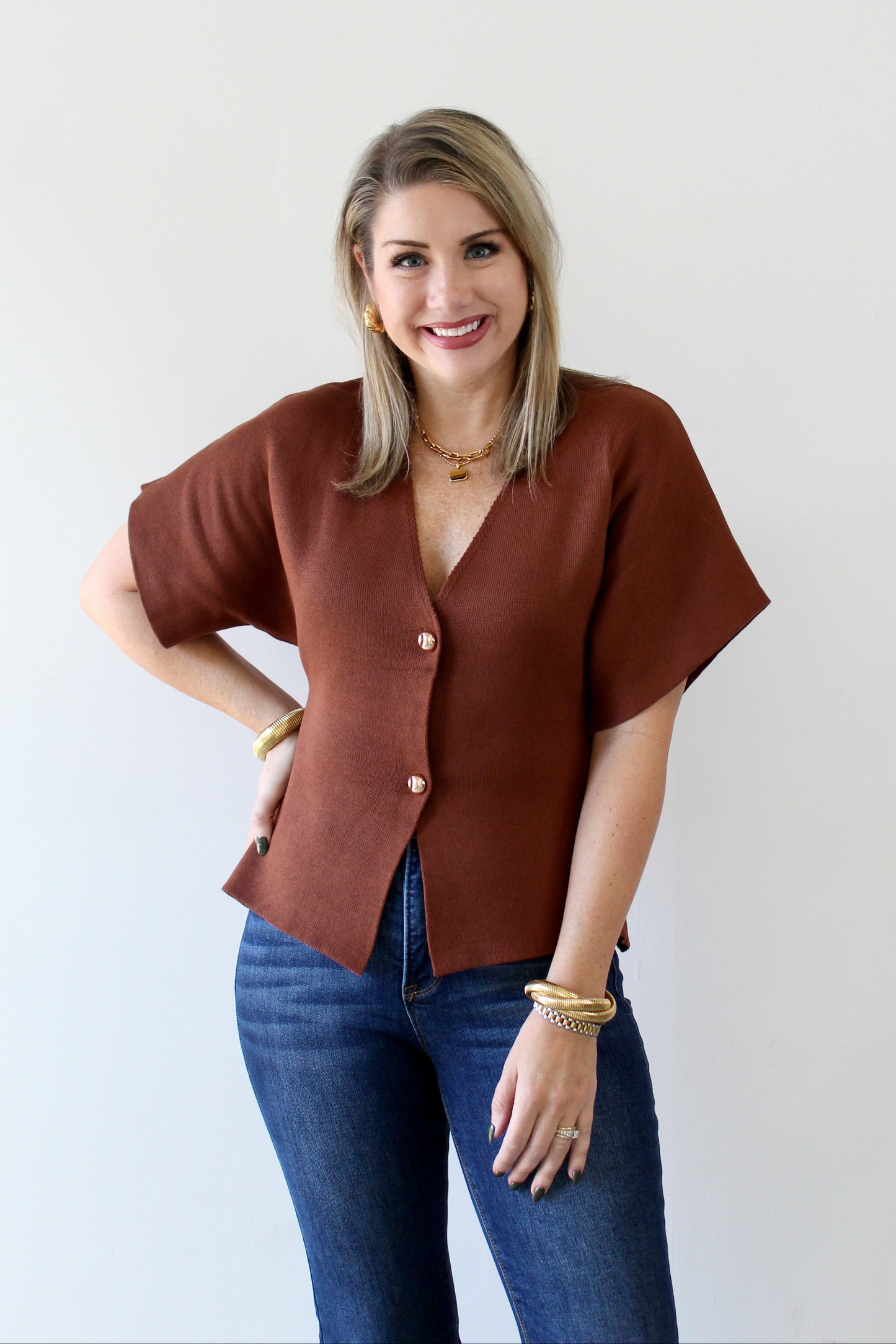 V Neck Button Cardigan Top