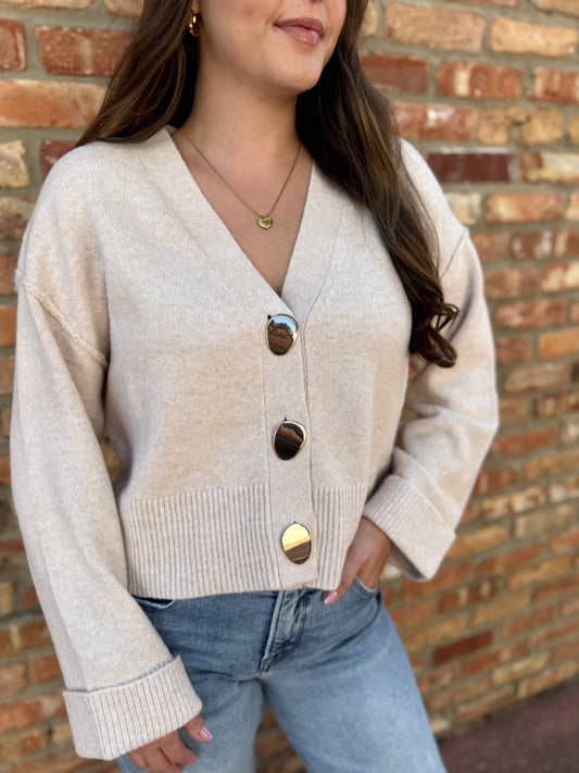 Accent Button Down Knit Cardigan - Oatmeal
