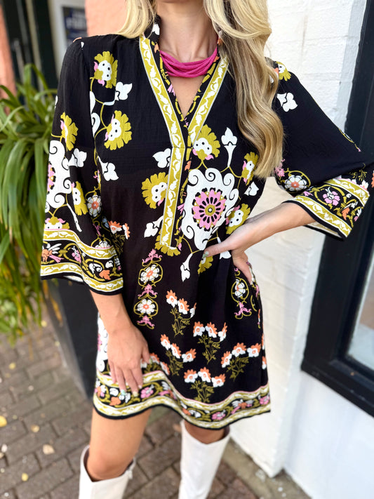 Mandy Floral Print Dress - Black