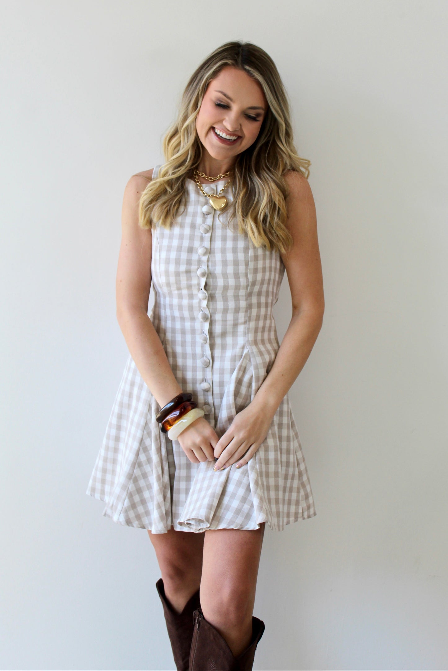 Gingham Mini Swing Dress - Beige