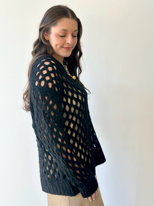 Open Knit Fuzzy Sweater - Black