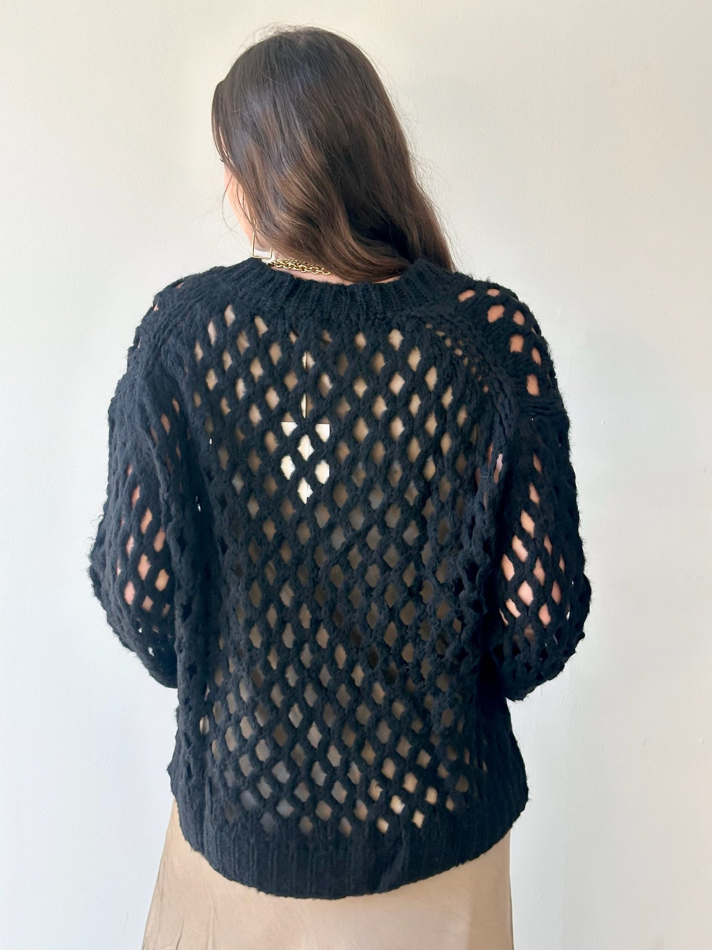 Open Knit Fuzzy Sweater - Black