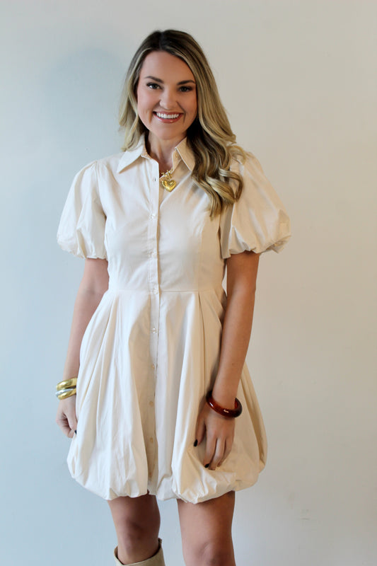 Bubble Hem Mini Shirt Dress - Eggshell