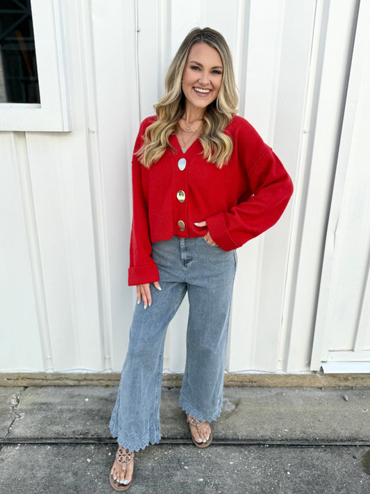 Accent Button Down Knit Cardigan - Red