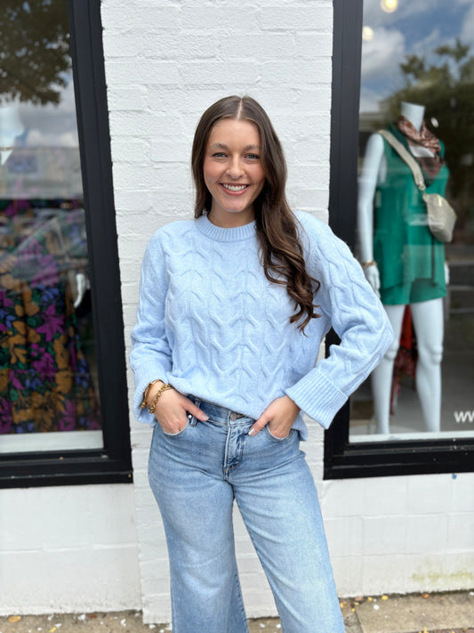 Cable Knit Crew Neck Sweater - Baby Blue