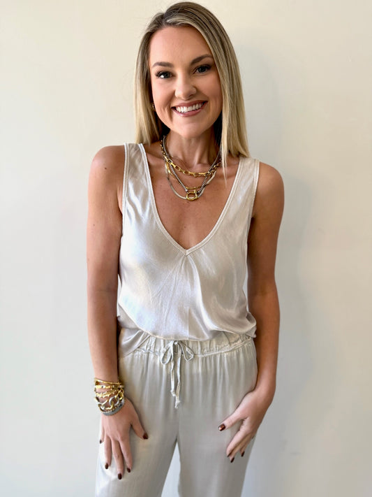 Italian V Neck Wide Strap Tank - Beige