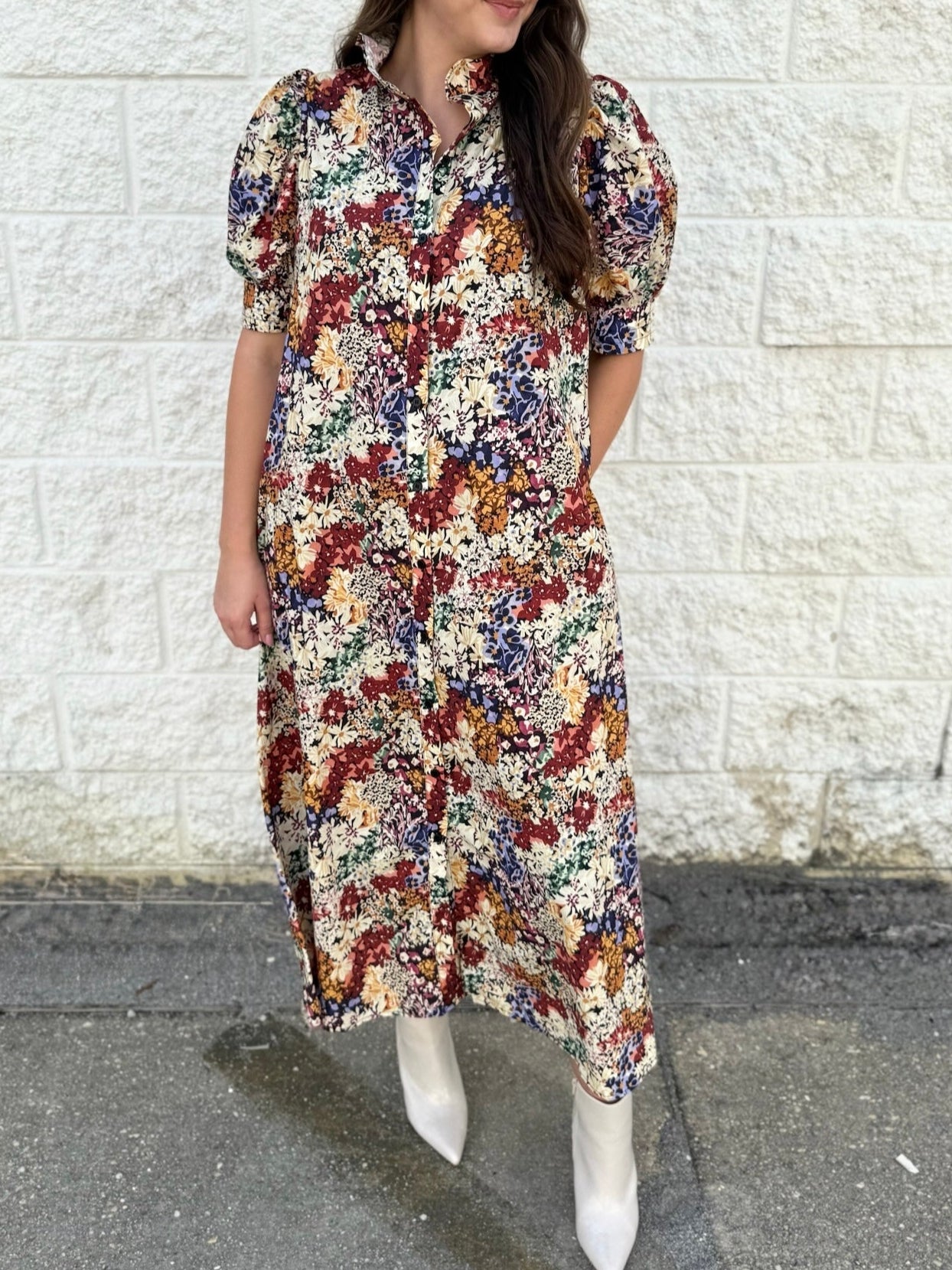 Cotton Poplin Ruffled Stand Collar Midi Dress