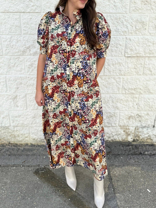 Cotton Poplin Ruffled Stand Collar Midi Dress