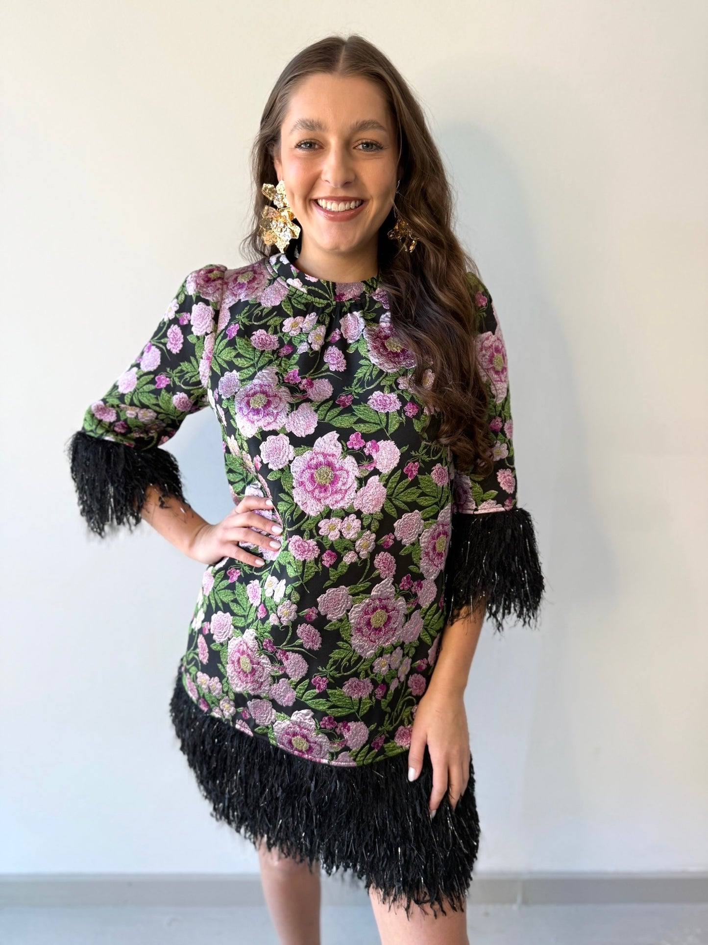 Floral Jacquard & Feather Dress