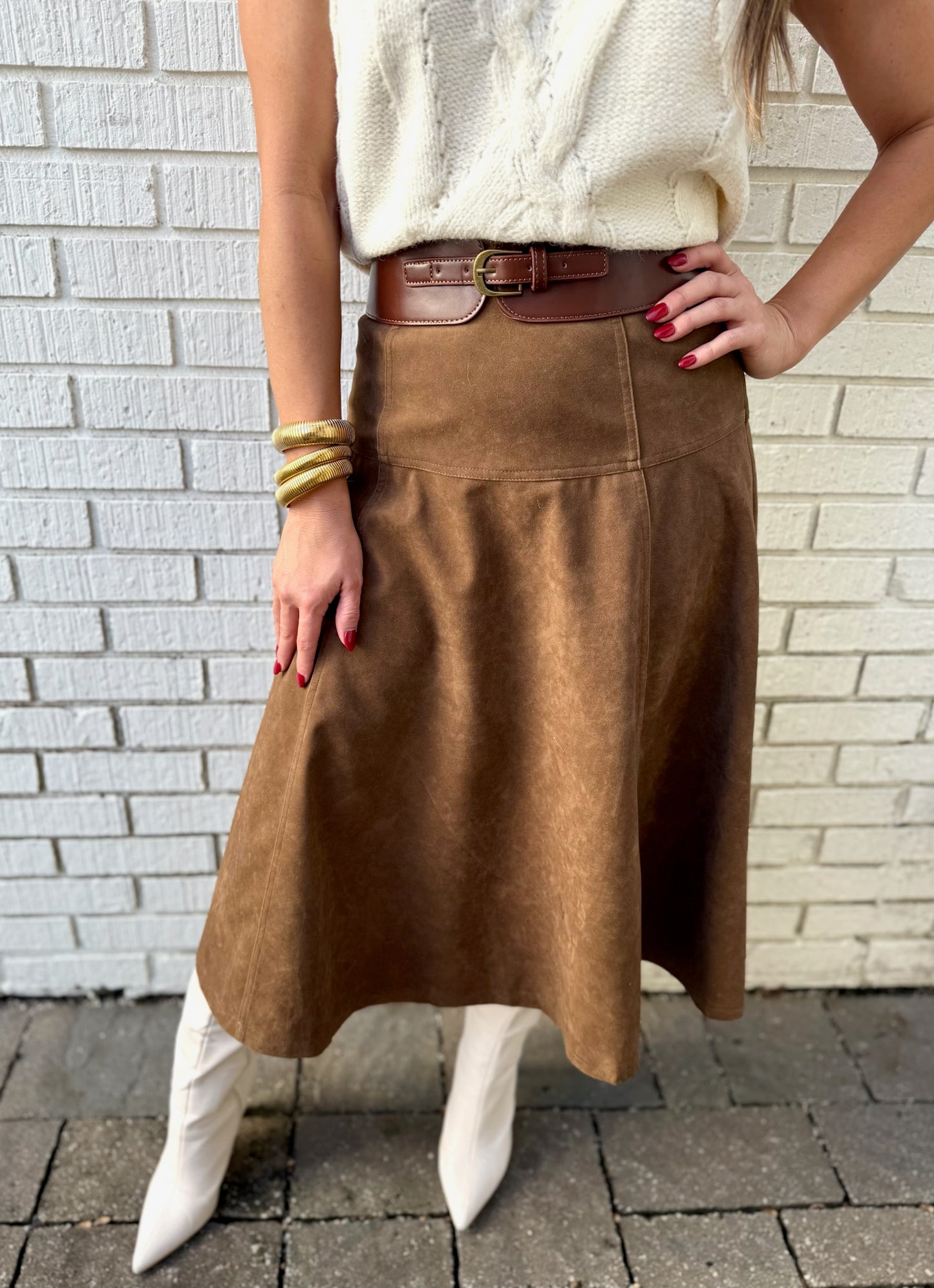 High Waisted A Line Vegan Suede Skirt