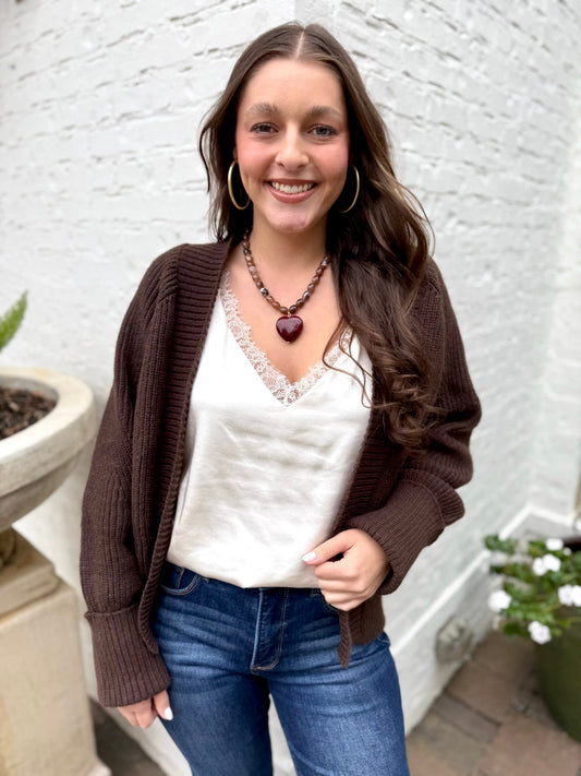 Brown Open Front Knit Cardigan