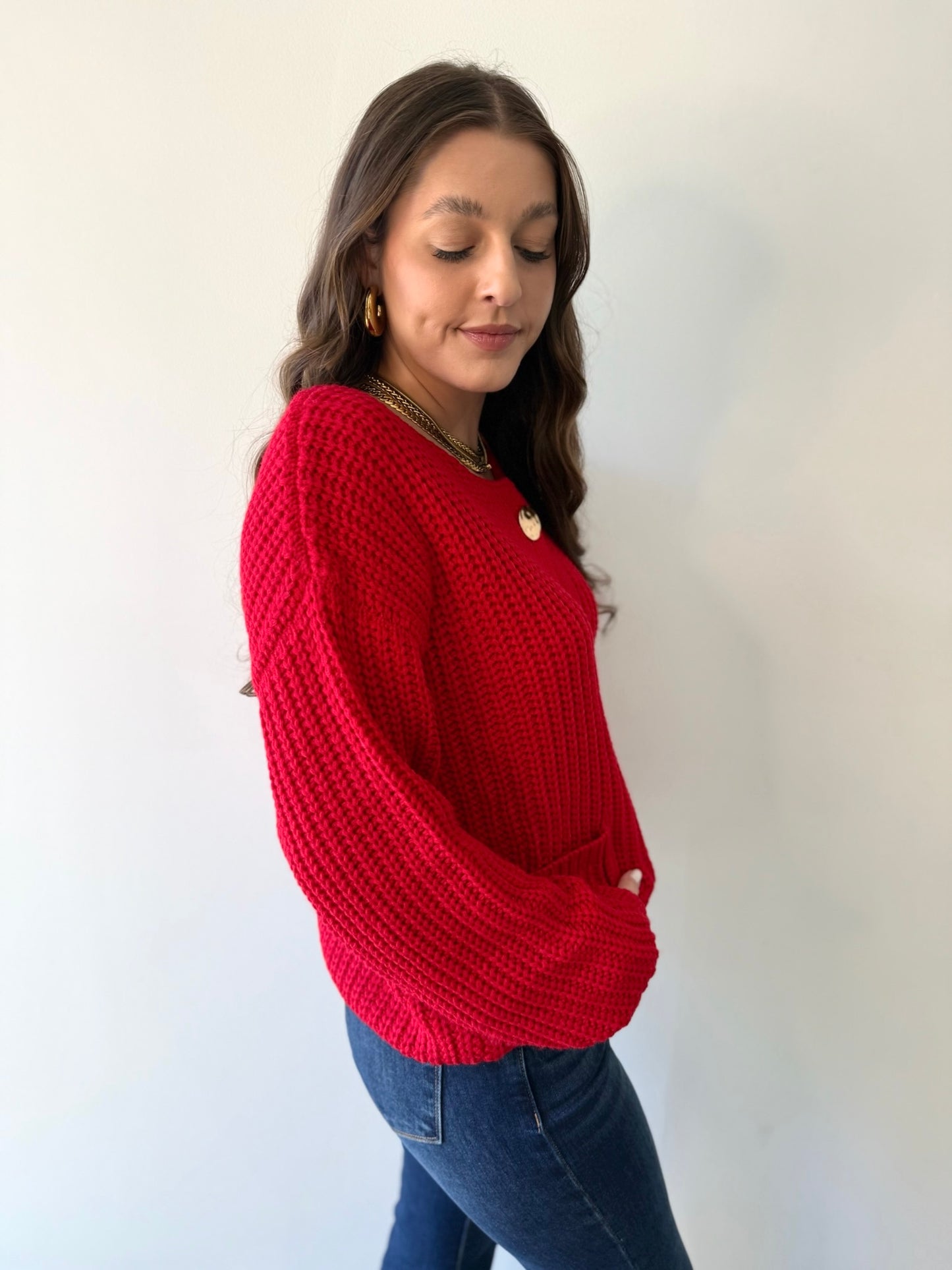 Chunky Button Cardigan - Red