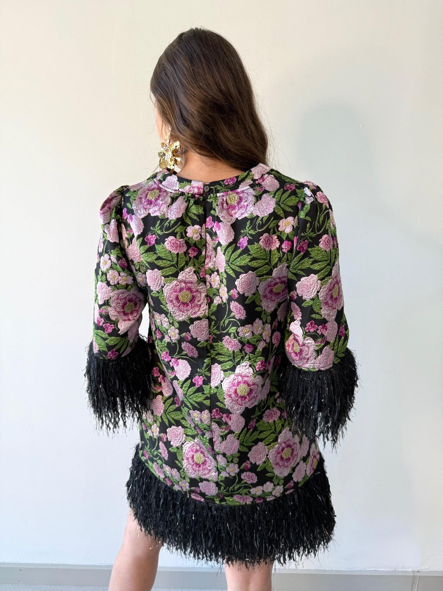 Floral Jacquard & Feather Dress