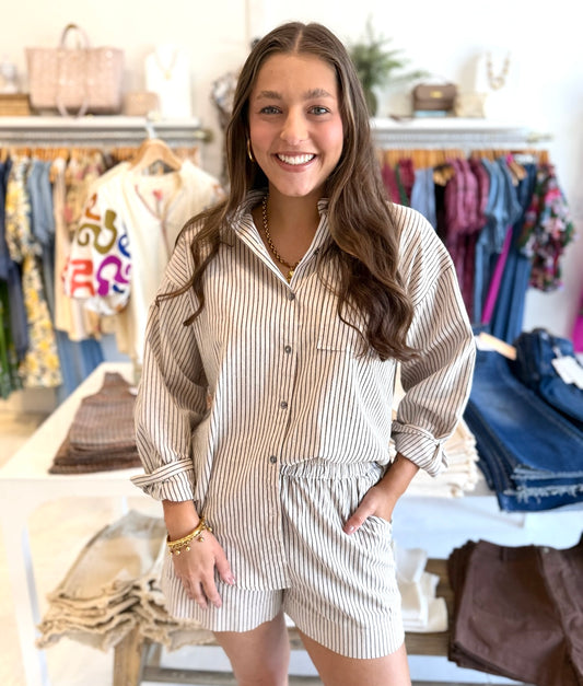 Aria Stripe Shirt & Short Set - Natural Black