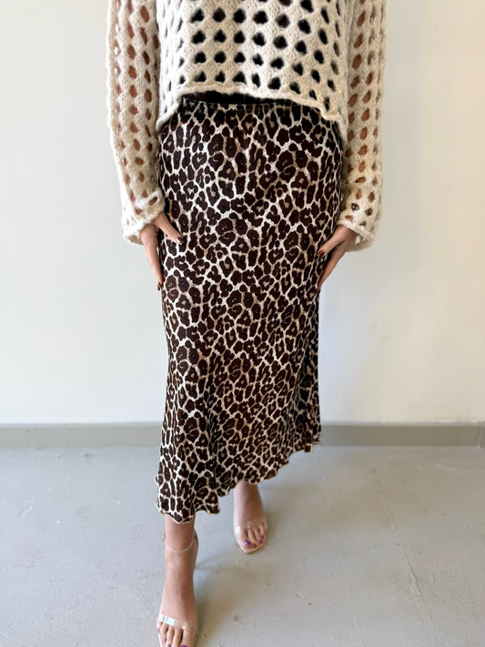 Cheetah Print Silky Midi Skirt