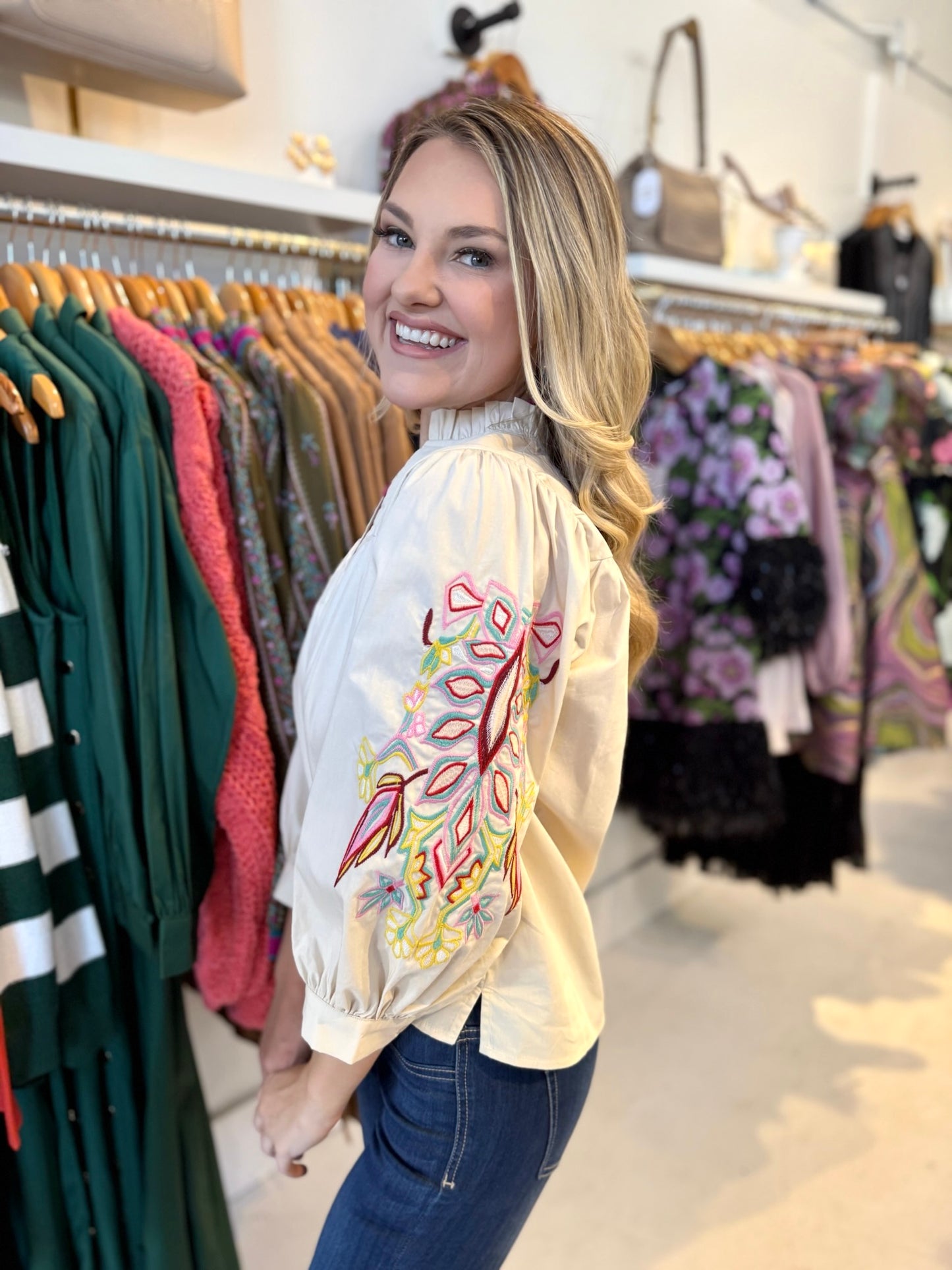 Embroidered Accent Solid Top - Cream