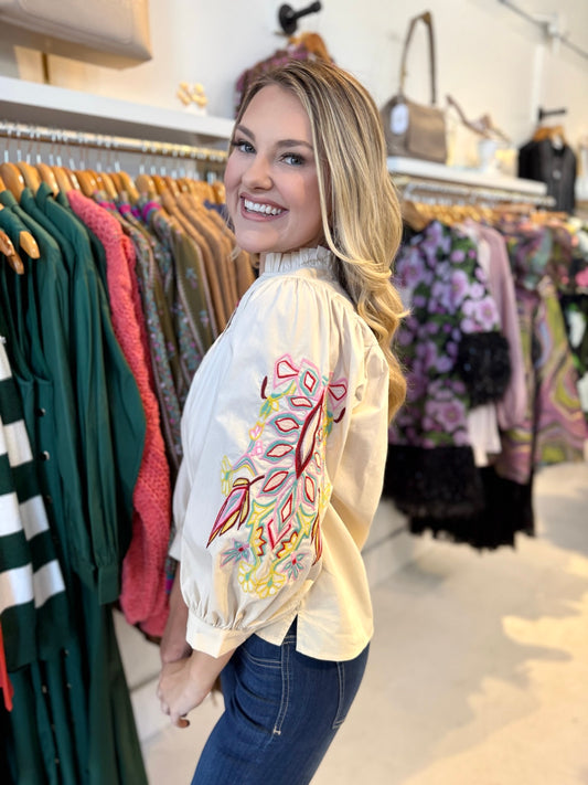 Embroidered Accent Solid Top - Cream