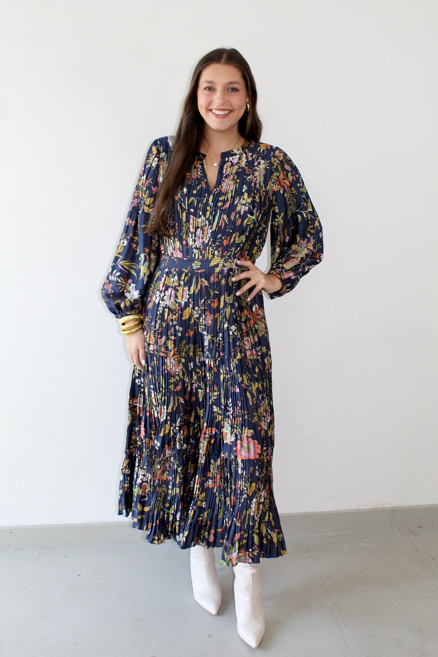 Floral Printed Pleated Long Dress