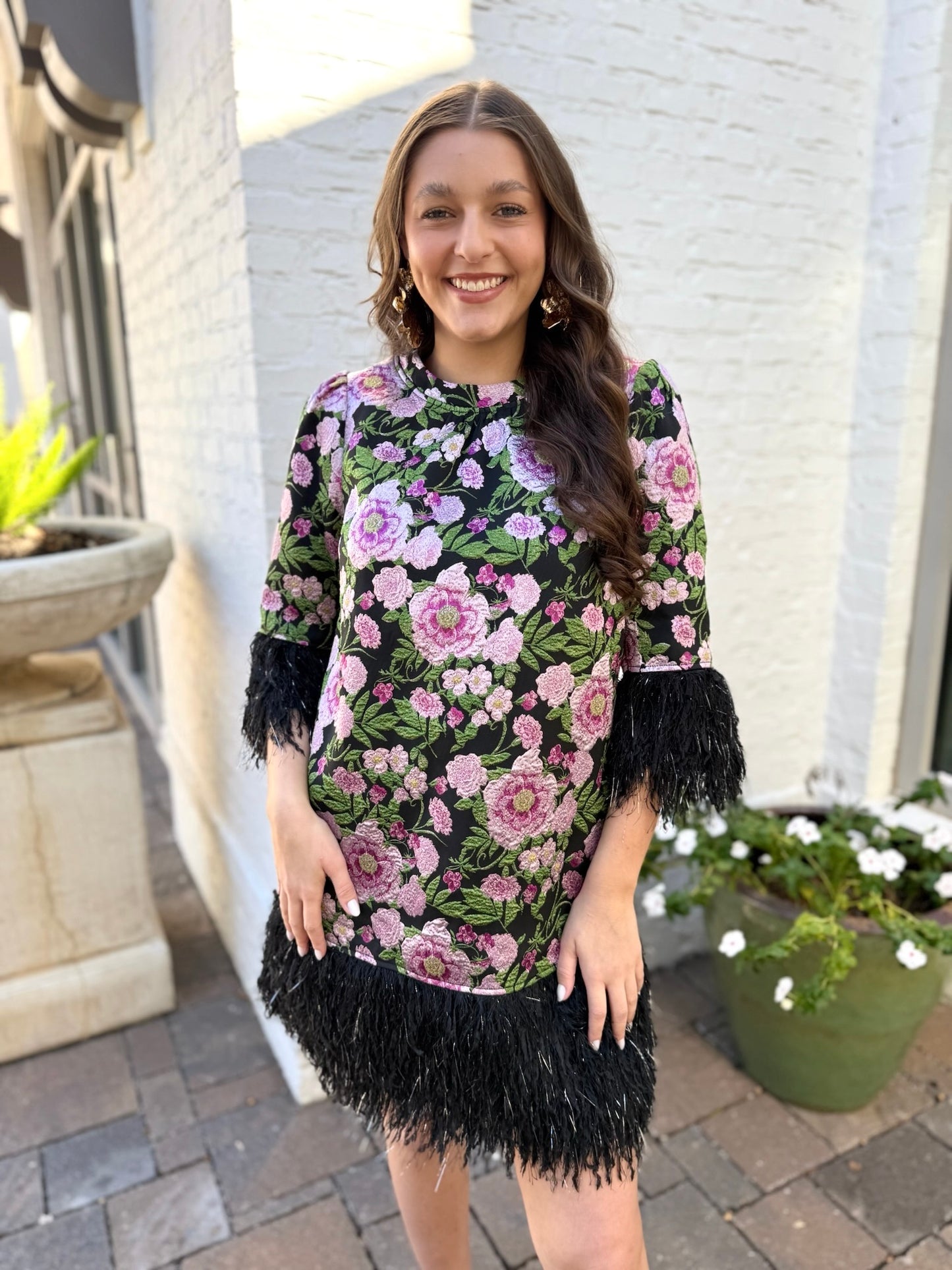 Floral Jacquard & Feather Dress