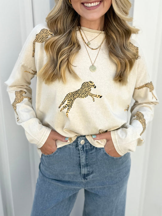 Mineral Wash Cheetah Print Long Sleeve Top