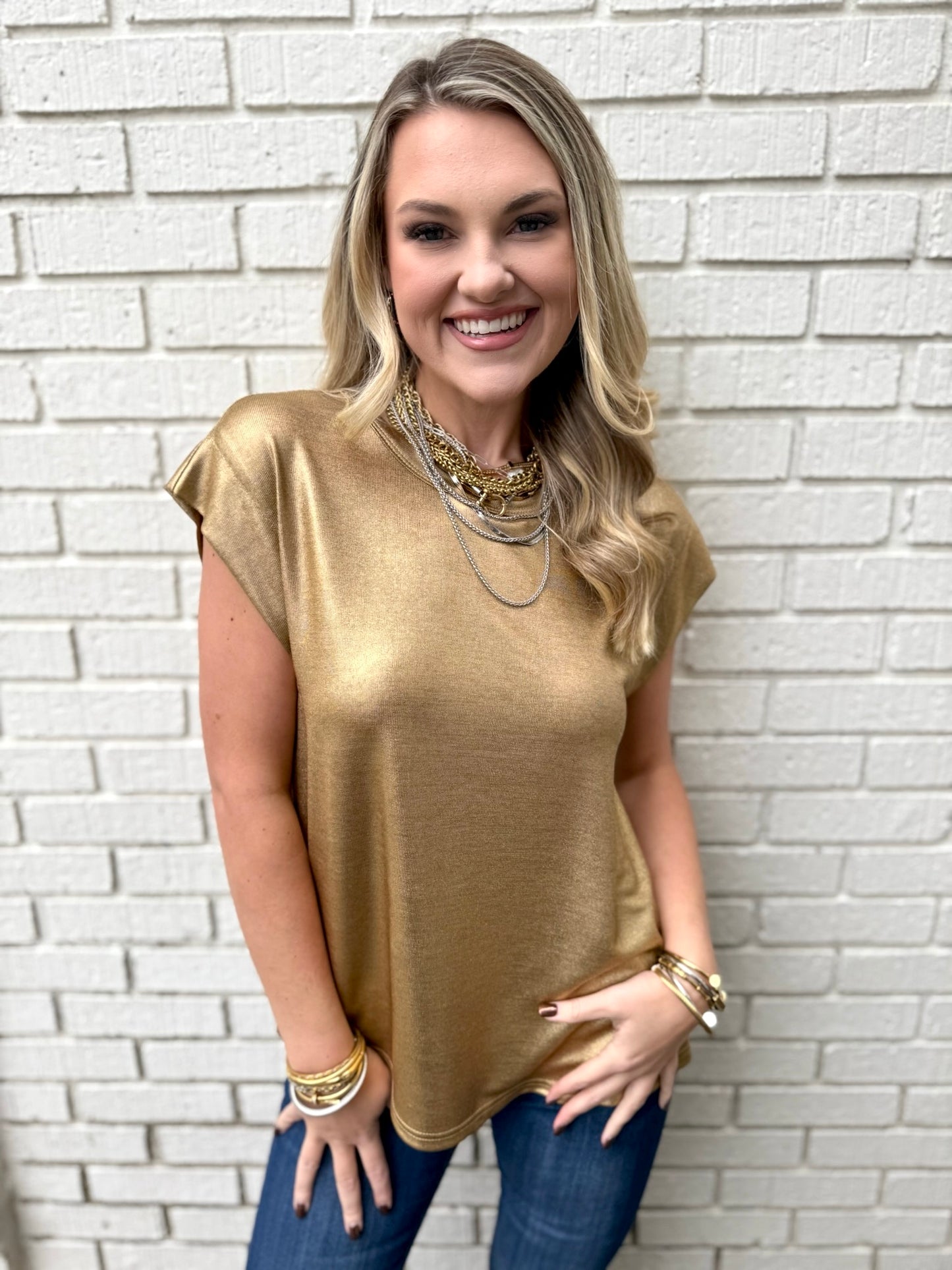 Drop Shoulder Metallic Knit Top Gold