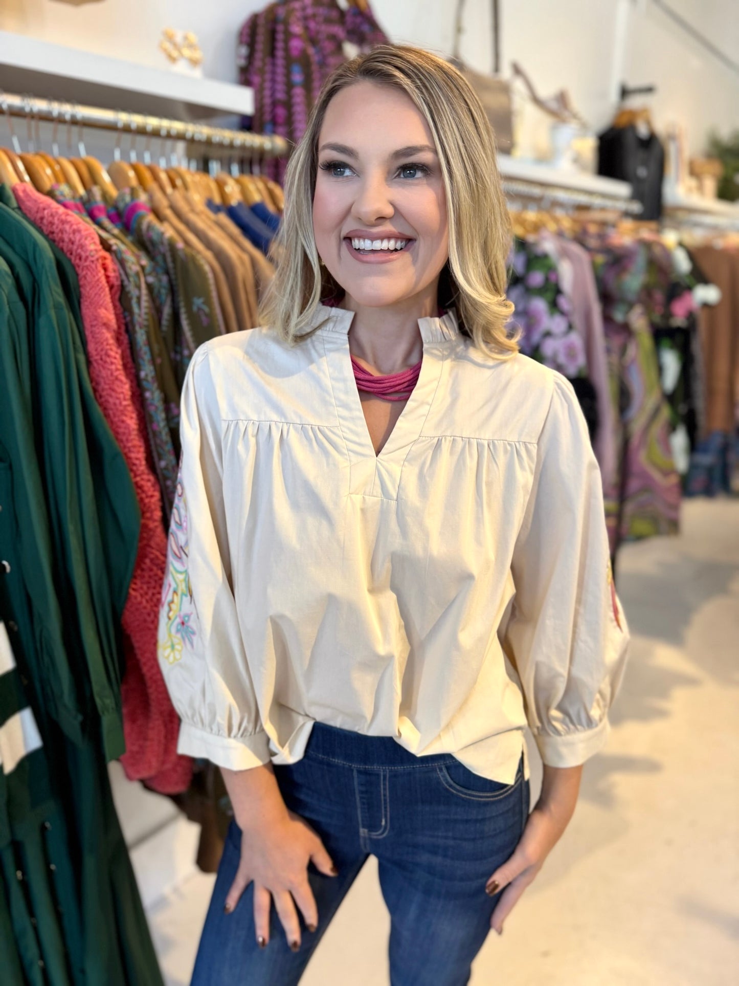Embroidered Accent Solid Top - Cream