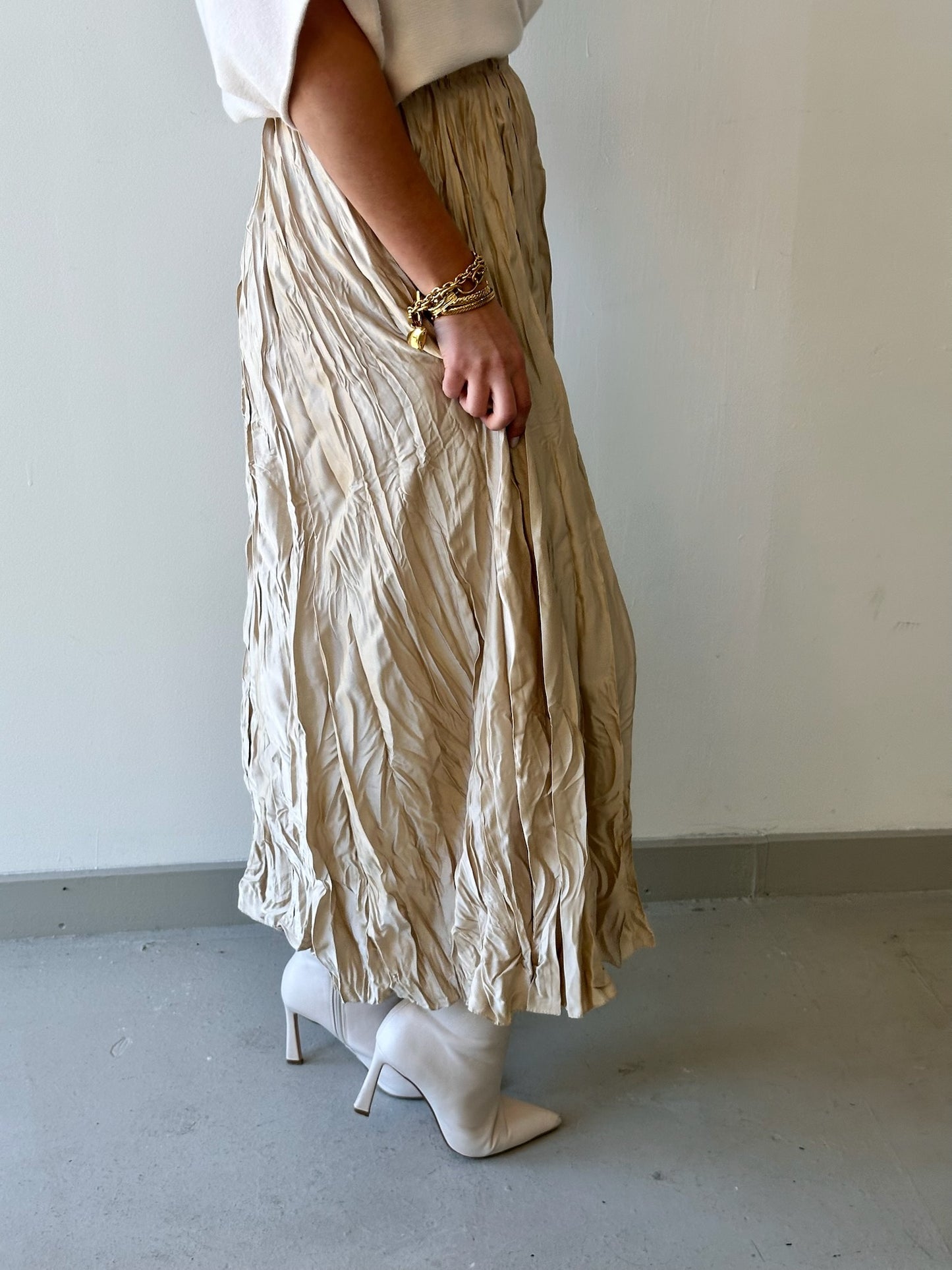 Crinkle Beige Midi Skirt