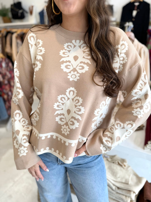 Ellie Printed Knit Sweater - Taupe