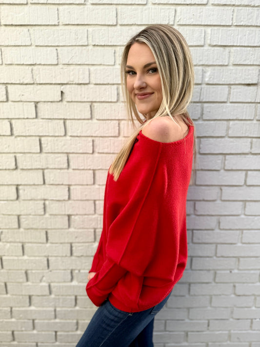 The Classic Asymmetrical Sweater -Red