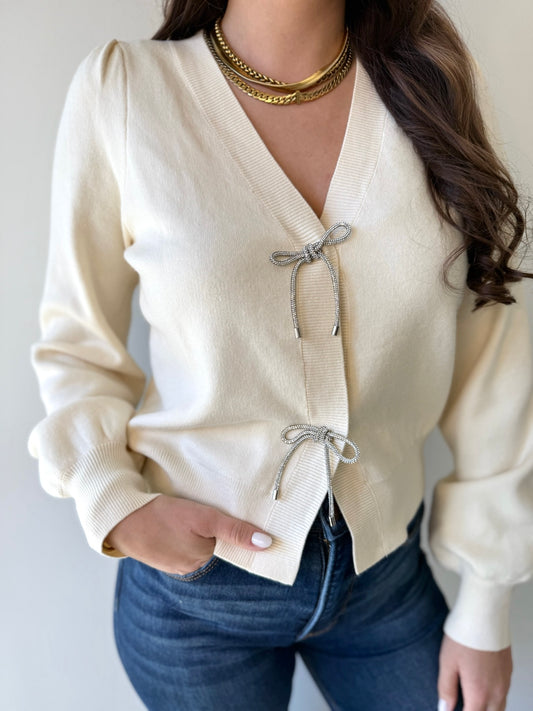 Delicate Ribbon Trim Knit Cardigan - Cream
