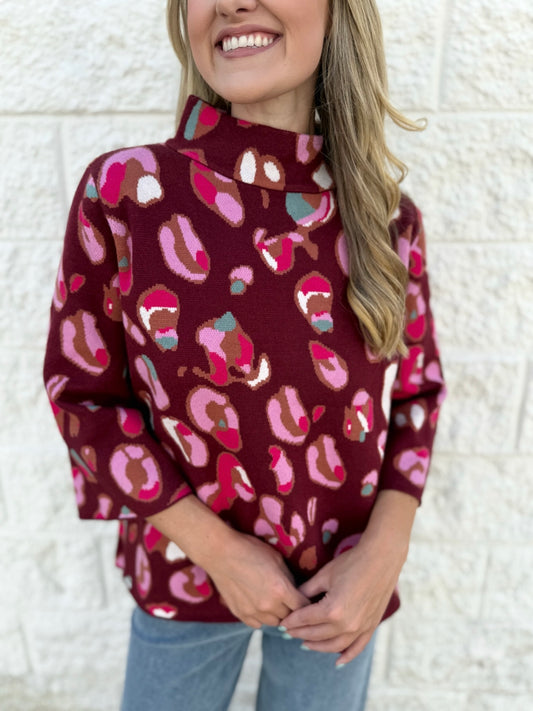 Animal Pattern Mock Neck Bell Slv Sweater - Wine
