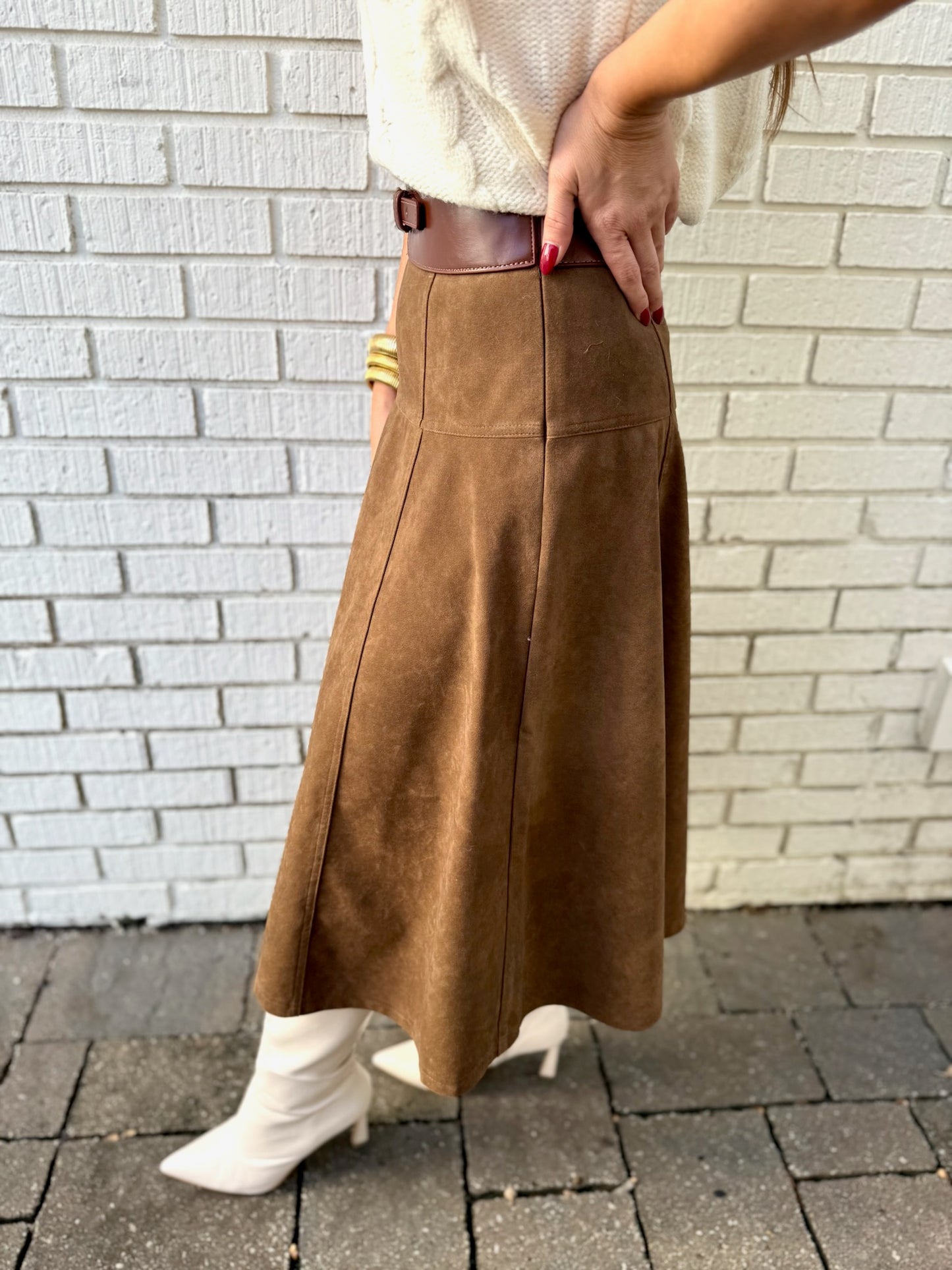 High Waisted A Line Vegan Suede Skirt