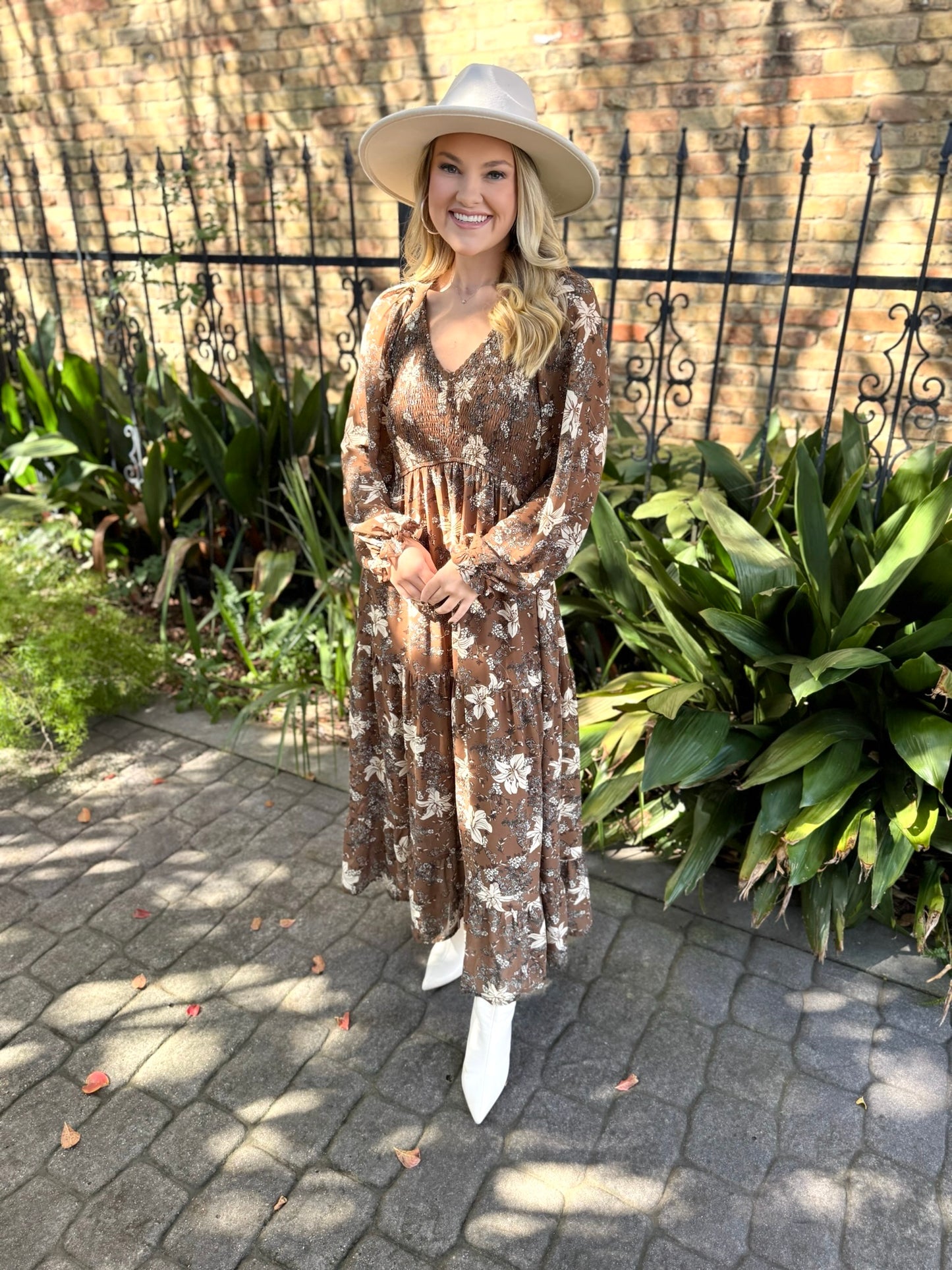 Mocha Mousse Smocked Floral Midi