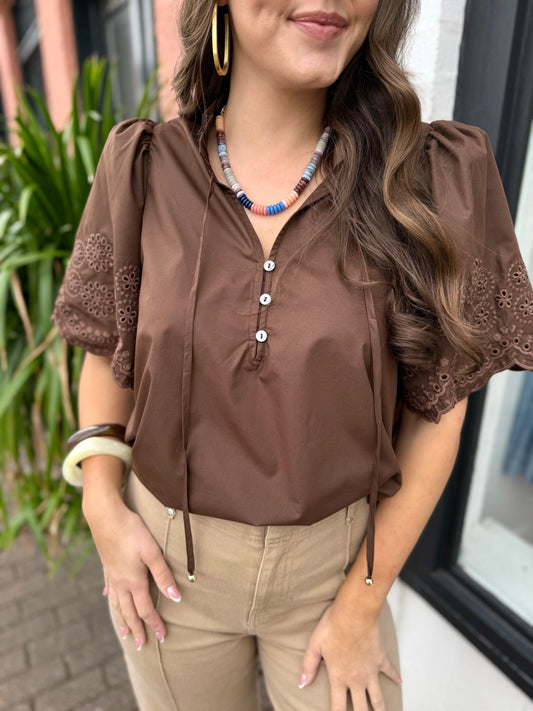 Eyelet Embroidery Flared Top - Brown
