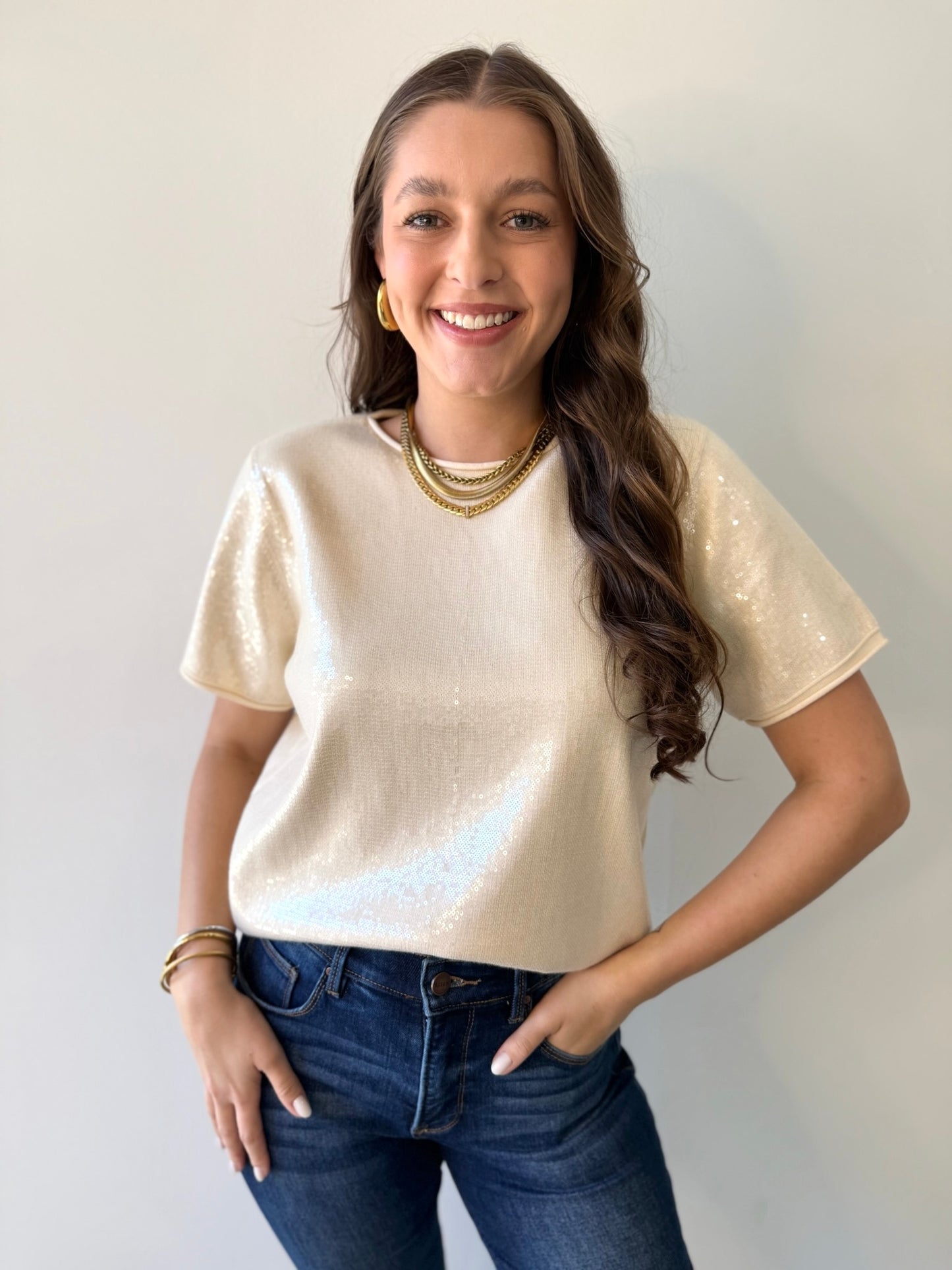 Tiny Sequins Knit Top - Cream