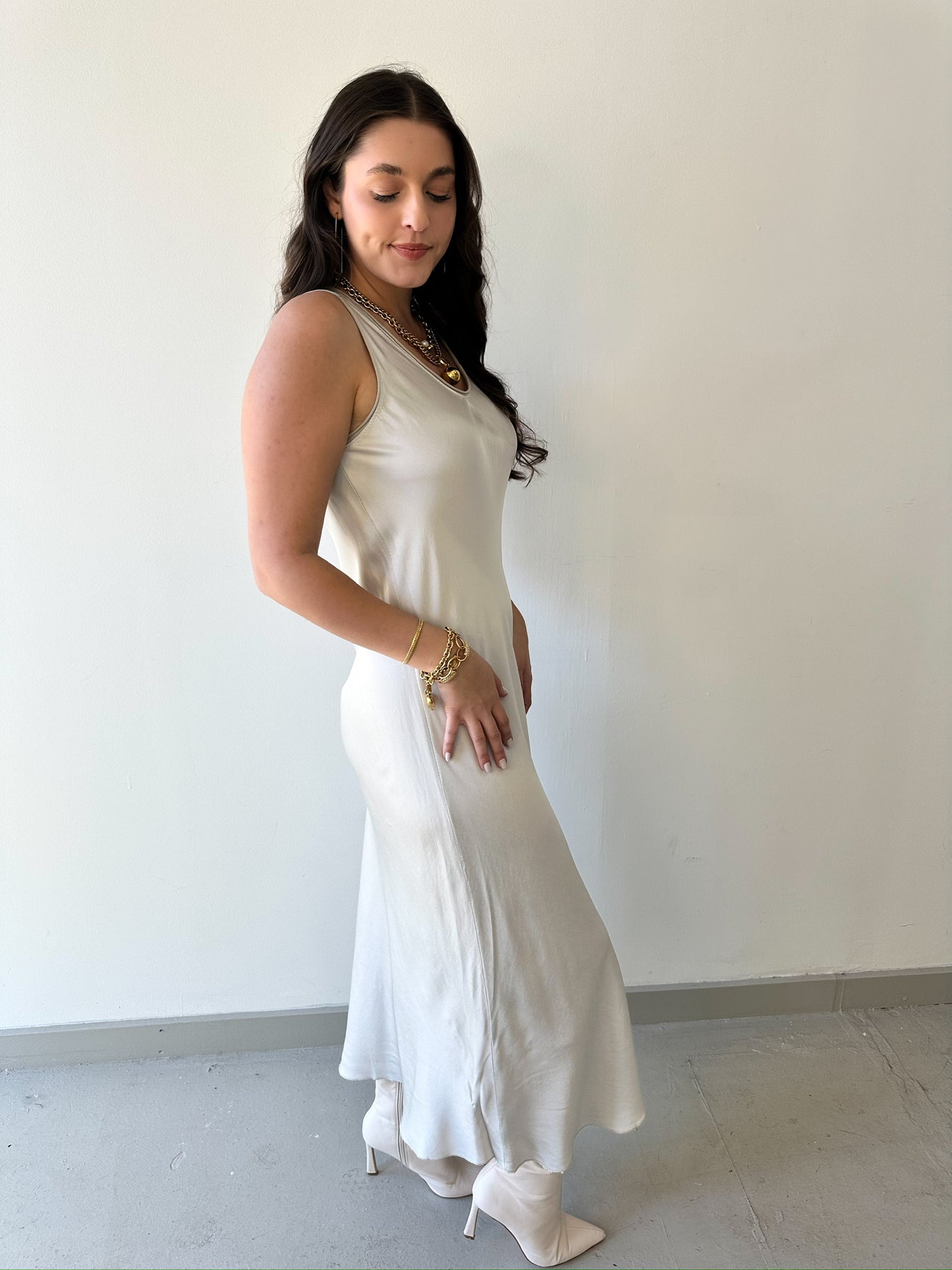 Silk V Neck Cut Maxi Dress - Beige