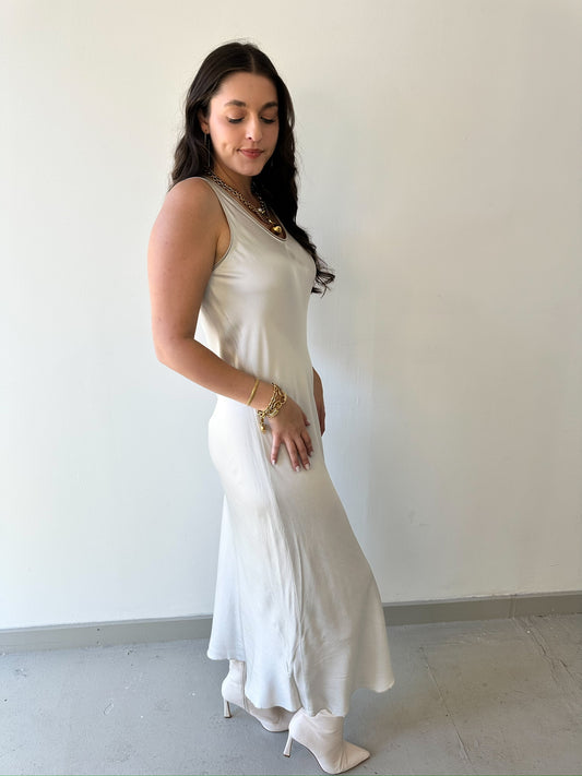 Silk V Neck Cut Maxi Dress - Beige
