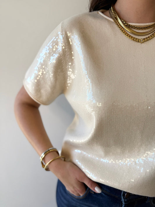 Tiny Sequins Knit Top - Cream