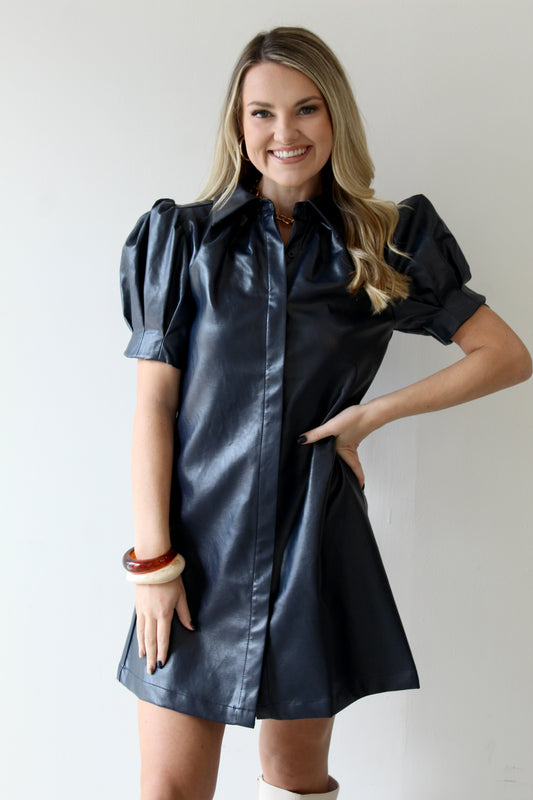 Vegan Leather Mini Dress - Navy