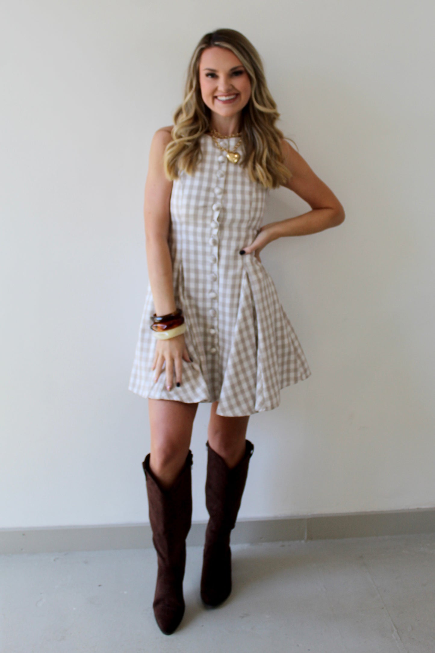 Gingham Mini Swing Dress - Beige