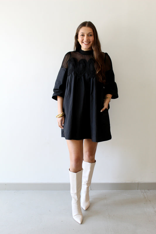Crochet Lace Babydoll Dress - Black