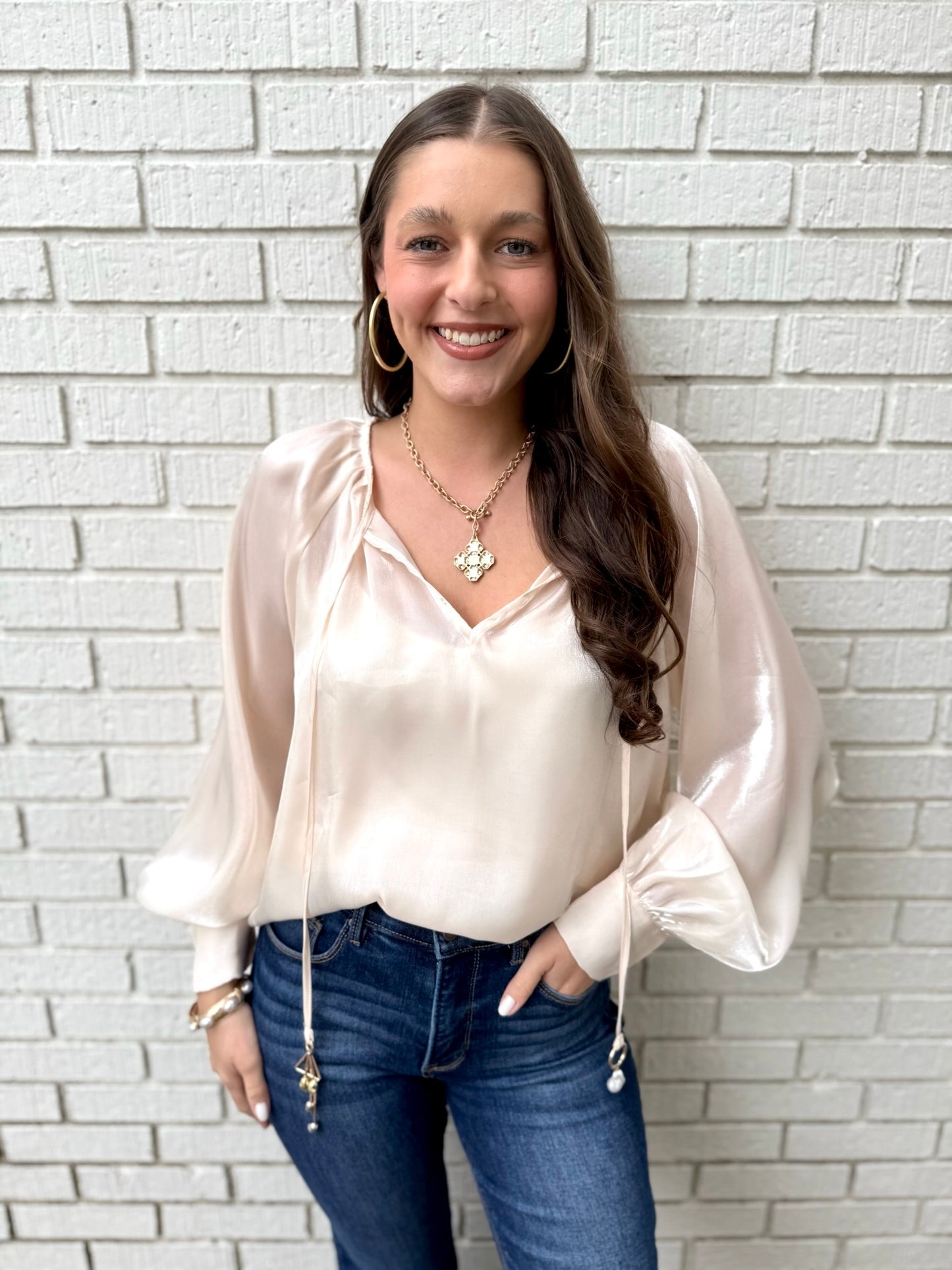 Solid Sheen Peasant Top