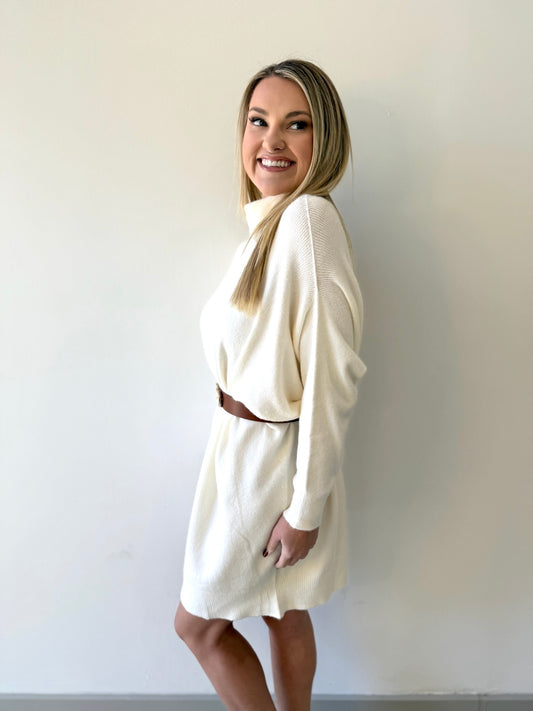 Italian Mock Neck  Knit Dress - Ivory