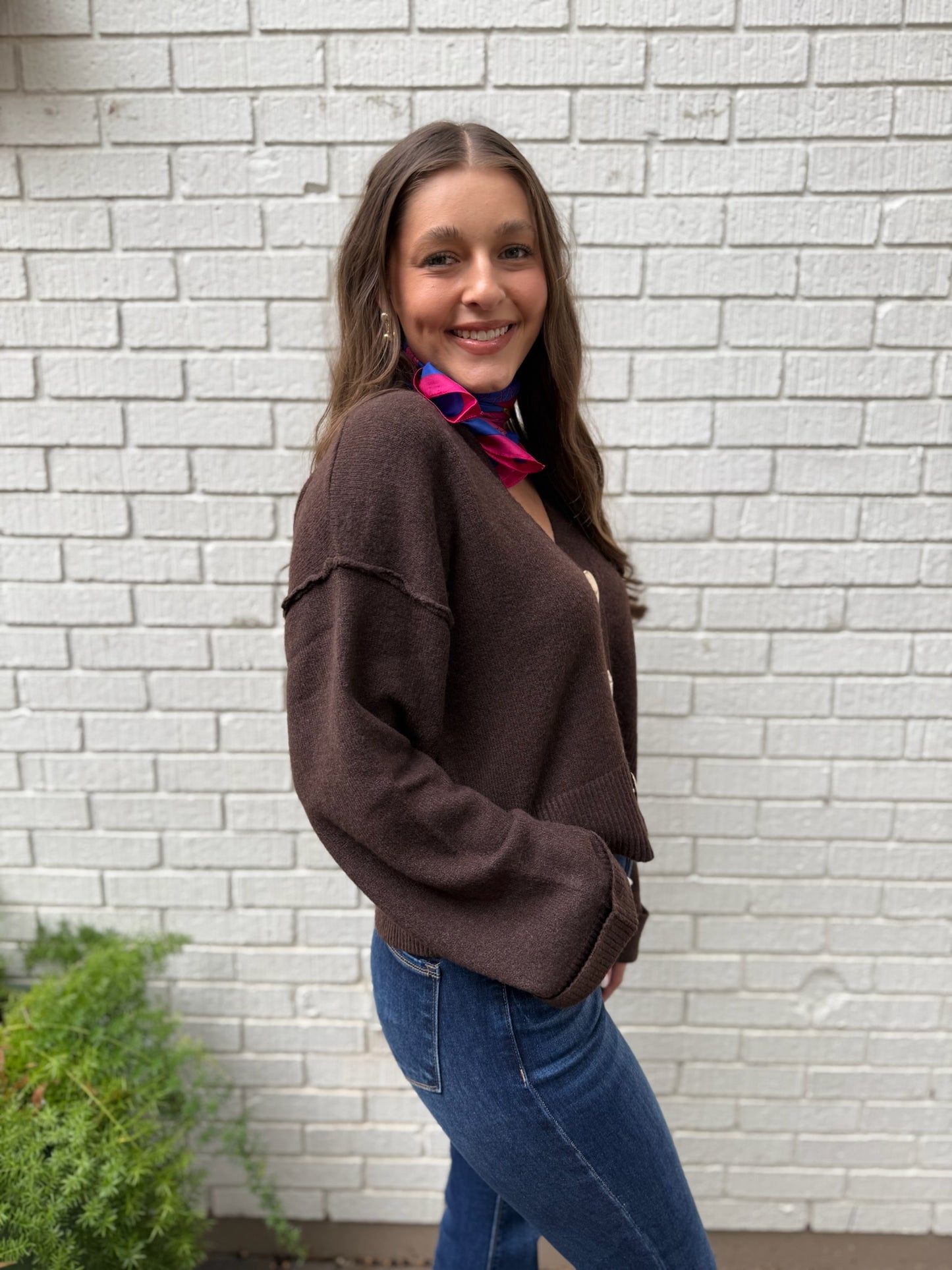 Accent Button Down Knit Cardigan - Brown