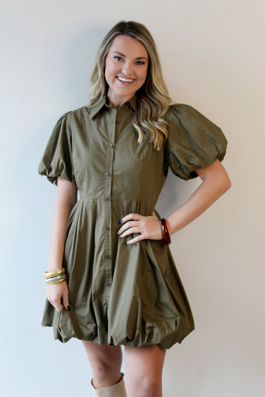 Bubble Hem Mini Shirt Dress - Olive
