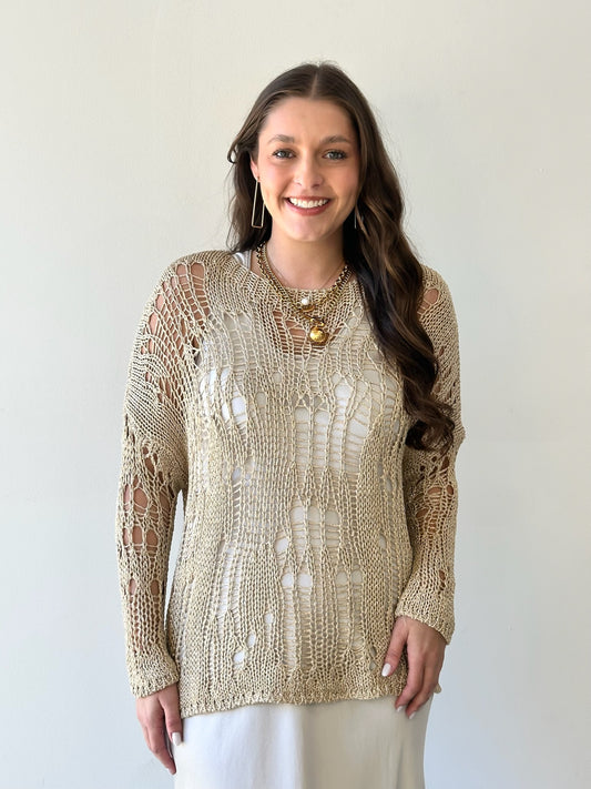 Metallic Crochet Tunic Sweater - Gold