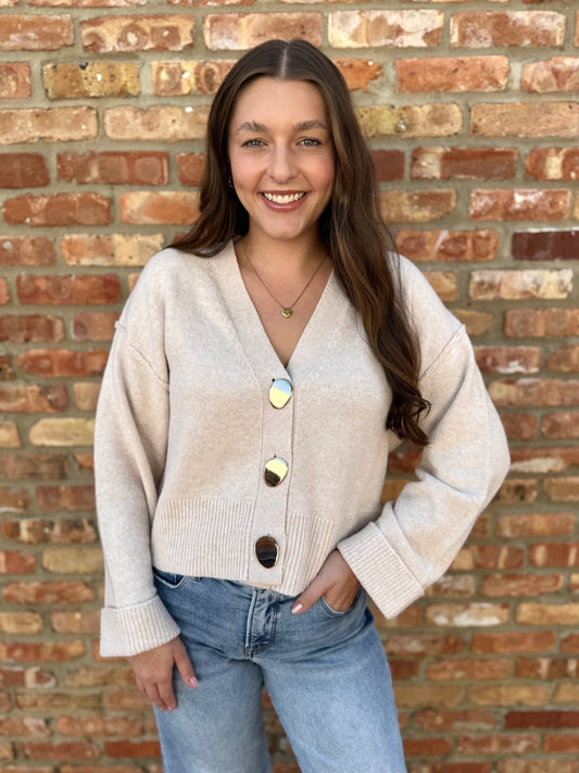 Accent Button Down Knit Cardigan - Oatmeal