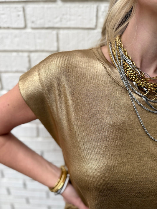Drop Shoulder Metallic Knit Top Gold