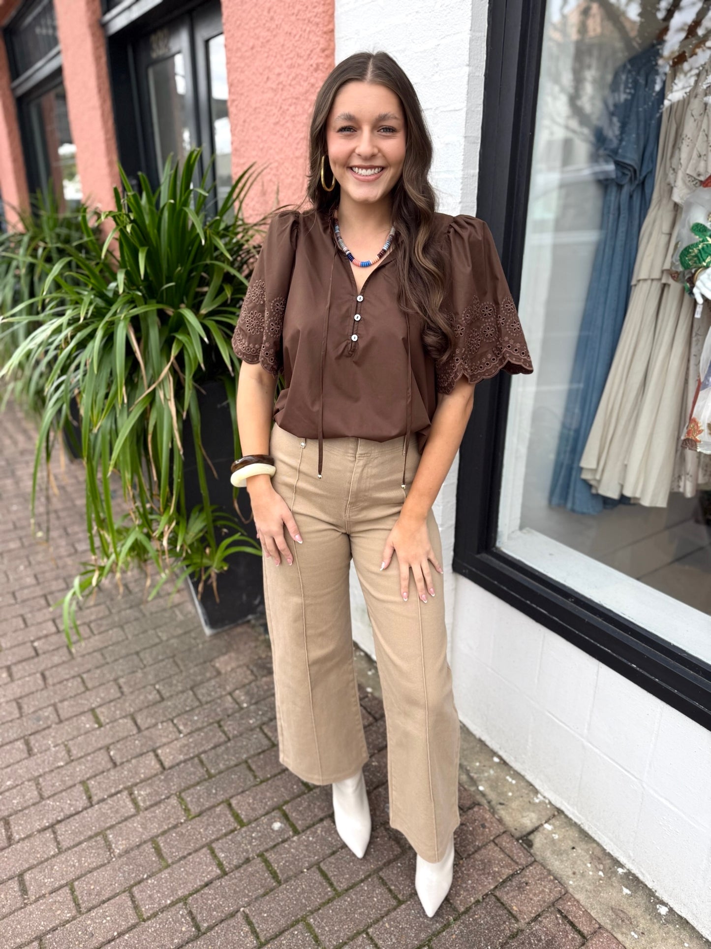 Eyelet Embroidery Flared Top - Brown